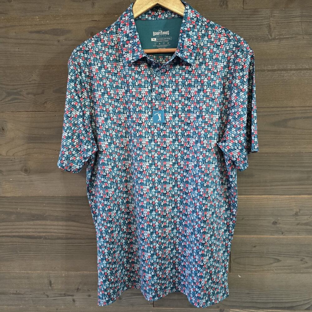 Bogey Bros Mens M Eyes Up Here Golf Blue Pink Performance Stretch Golf Polo